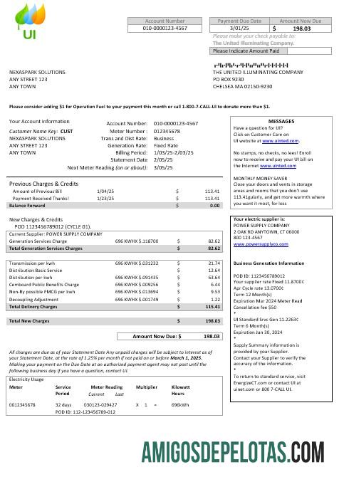 em branco EUA Massachusetts Chelsea UI The United Illuminating Company Business Utility Bill Modelo Word e PDF